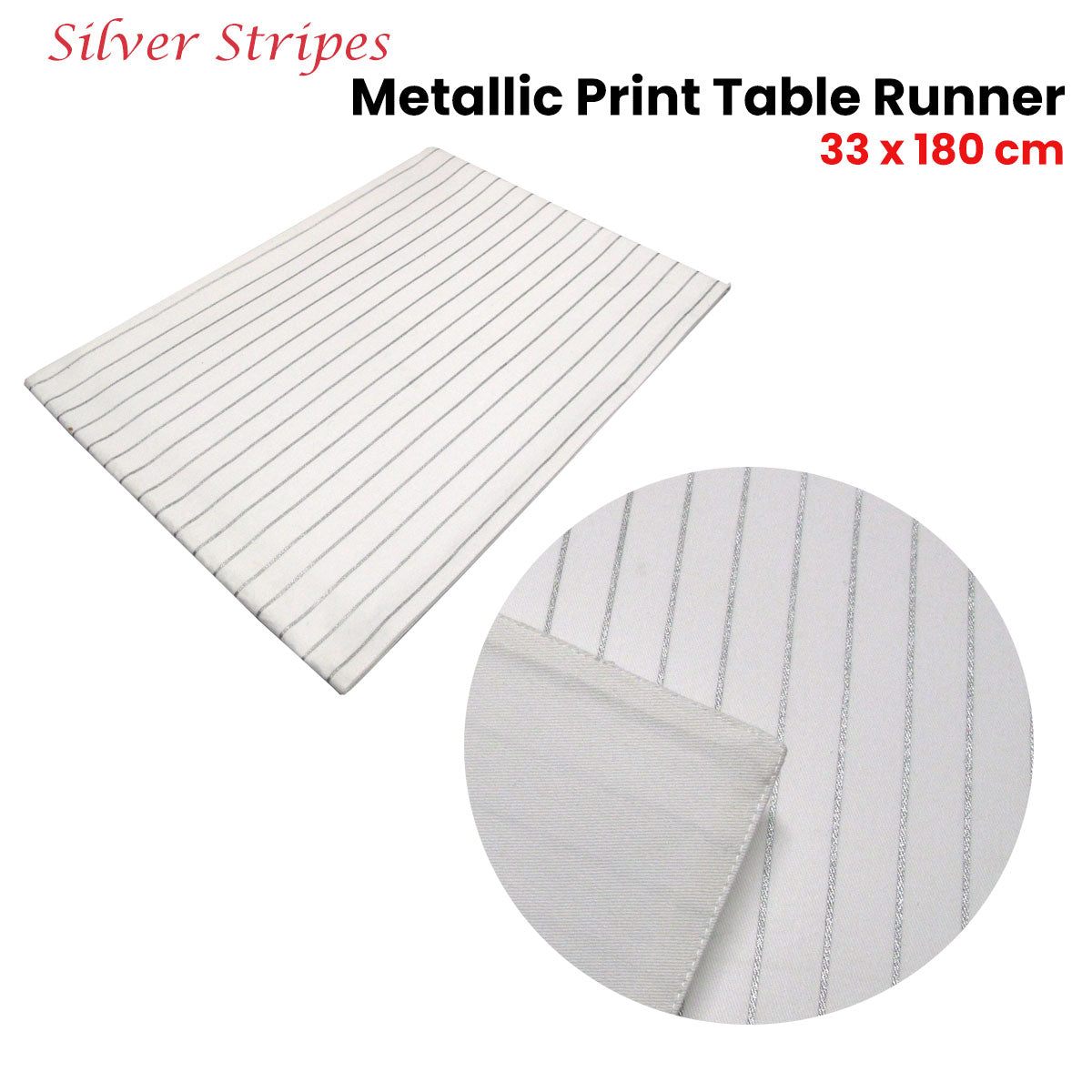 Silver Stripes Cotton Metallic Print Table Runner 33 x 180 cm V442-IDC-TABLER-STRIPE-SILVER-RE