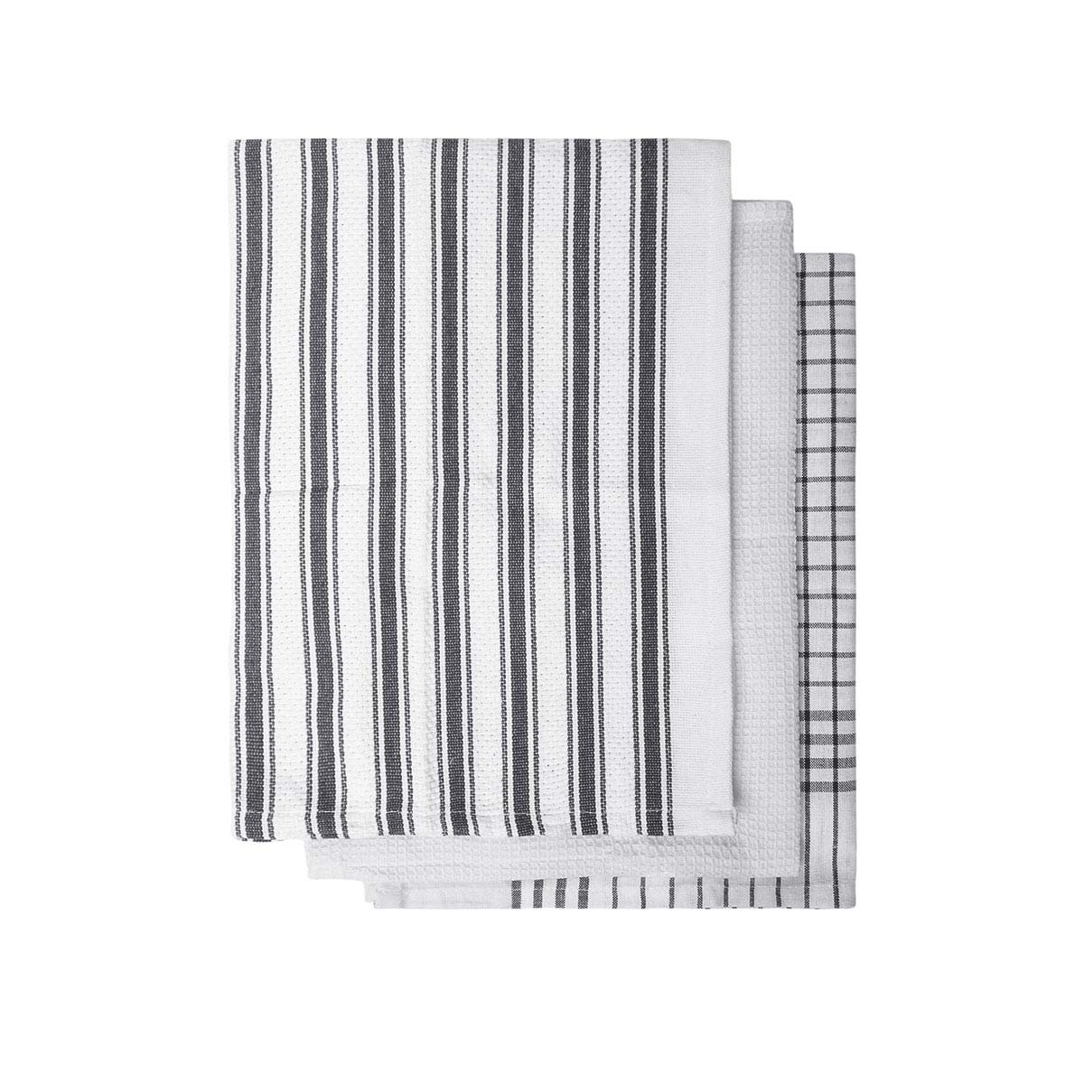IDC Homewares Set of 3 Gardenia Cotton Tea Towels Charcoal V442-IDC-TEAT-SETOF3GARDENIA-CHARCOAL-RE
