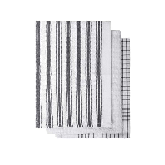 IDC Homewares Set of 3 Gardenia Cotton Tea Towels Charcoal V442-IDC-TEAT-SETOF3GARDENIA-CHARCOAL-RE