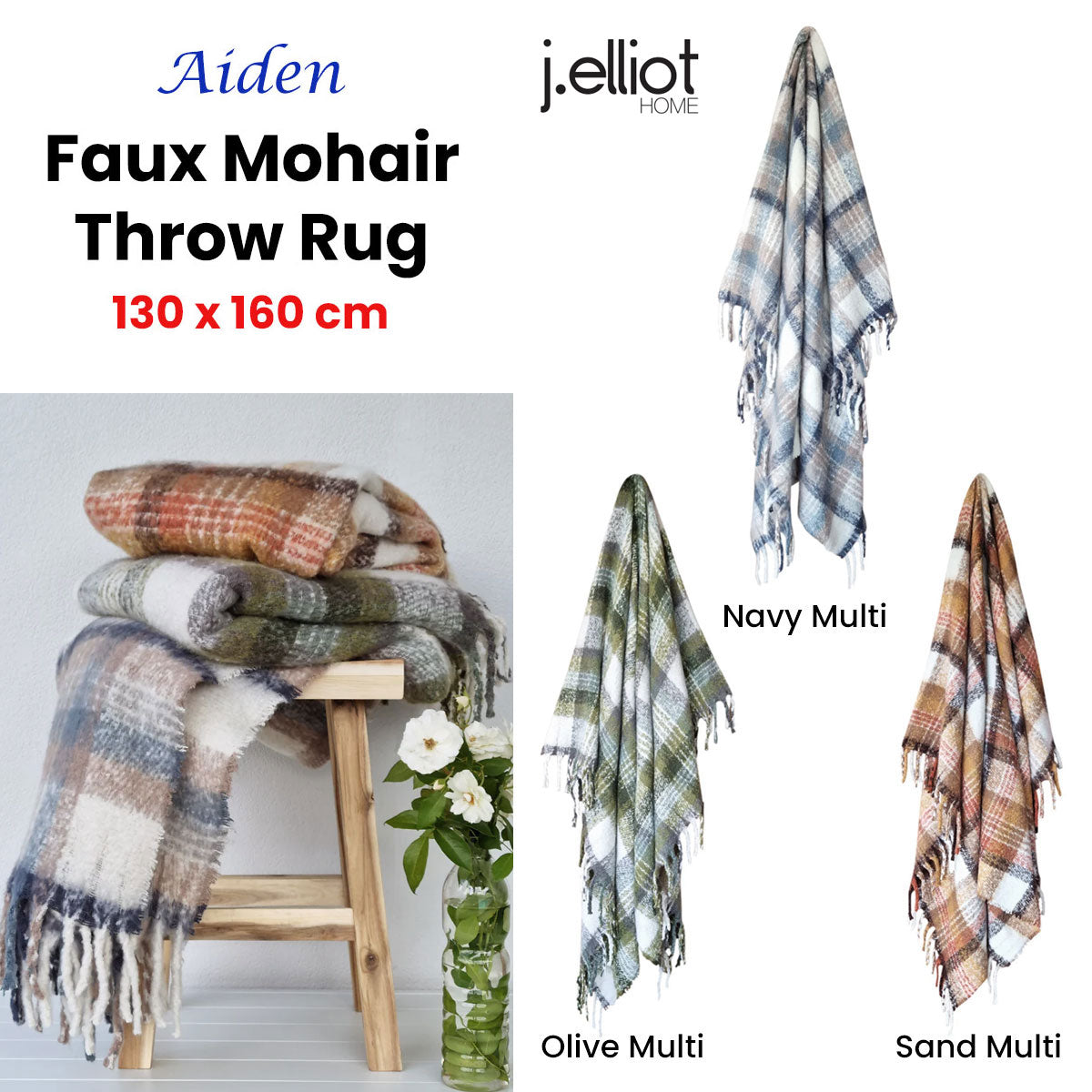 J Elliot Home Aiden Olive Multi Faux Mohair Throw Rug with Fringe 130 x 160cm V442-IDC-THROW-AIDEN-OLIVE-RE