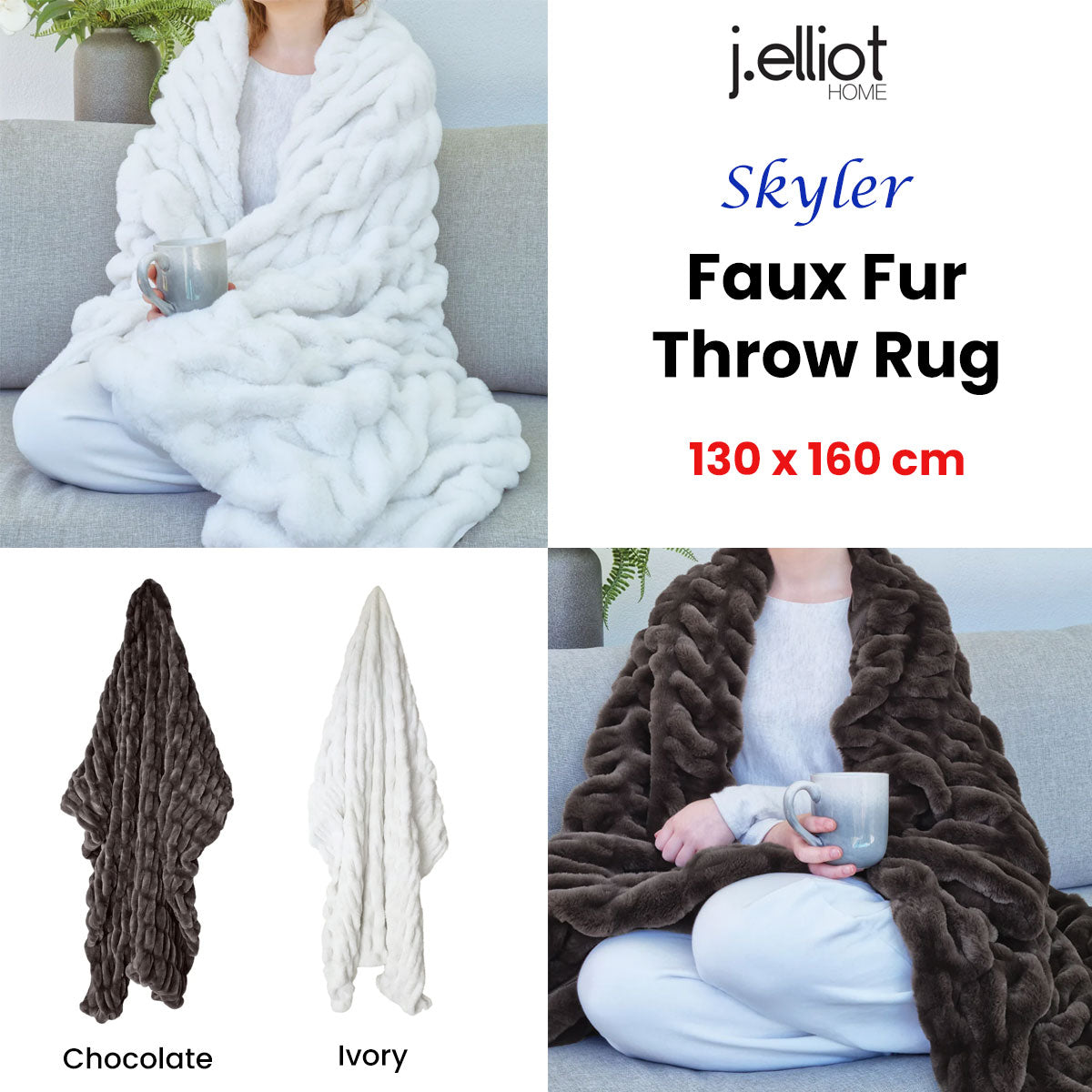 J Elliot Home Skyler Ivory Faux Fur Throw Rug 130 x 160cm V442-IDC-THROW-SKYLER-IVORY-RE