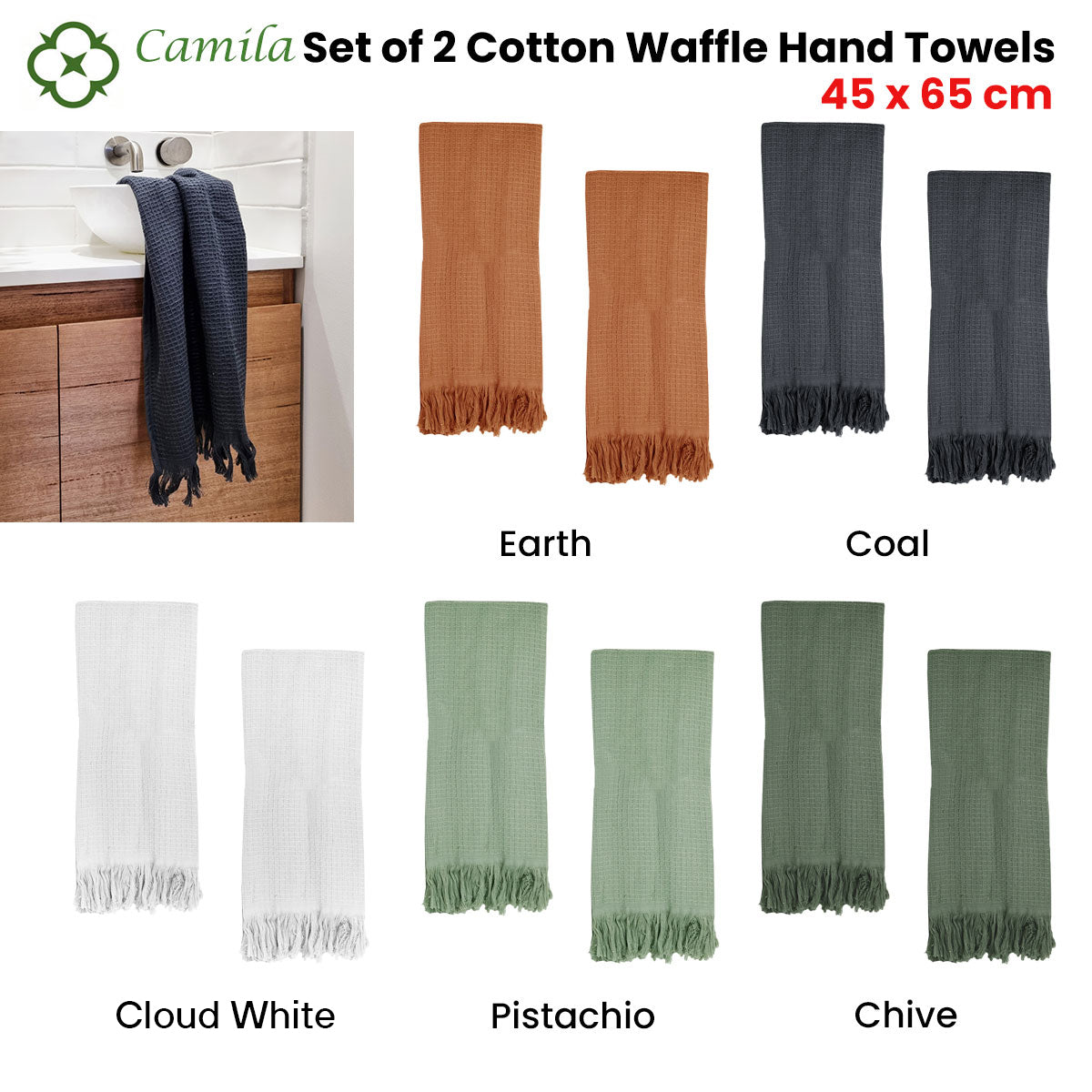 J Elliot Home 400GSM Camila Set of 2 Cotton Waffle Hand Towels 45 x 65 cm Earth V442-IDC-TOWEL-CAMILAHAND-EARTH-RE