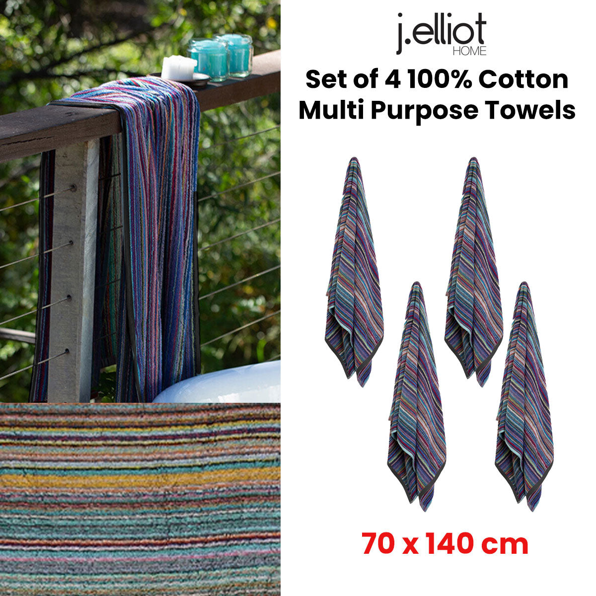 J Elliot Home Set of 4 100% Cotton Multi Purpose Towels 70 x 140 cm V442-IDC-TOWEL-SETOF4JTCMUTLIPURPOSE-MULTI-RE