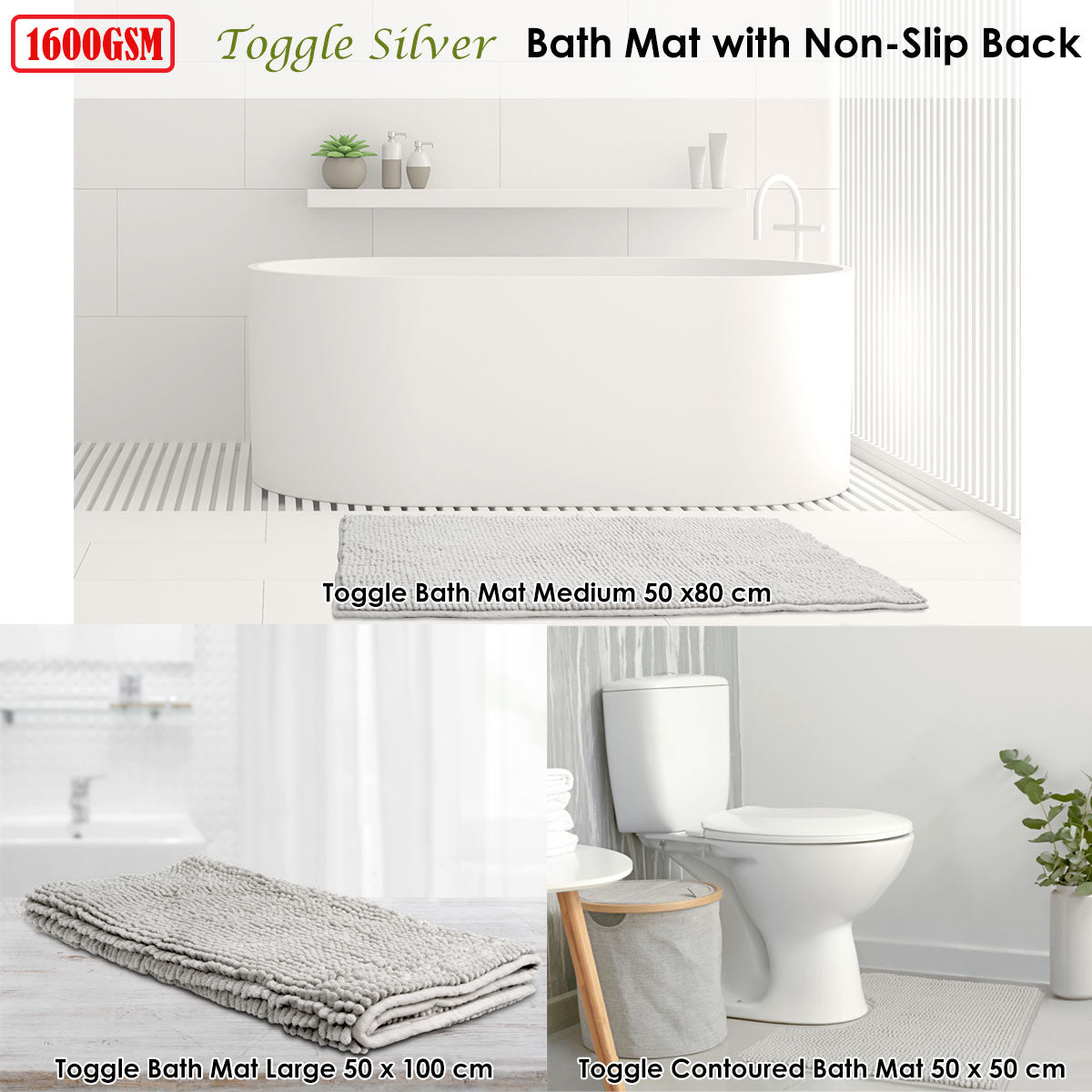 Toggle Microfiber Bath Mat Contourned Silver V442-INT-BATHM-TOGGLECONTOURED-SILVER-SH