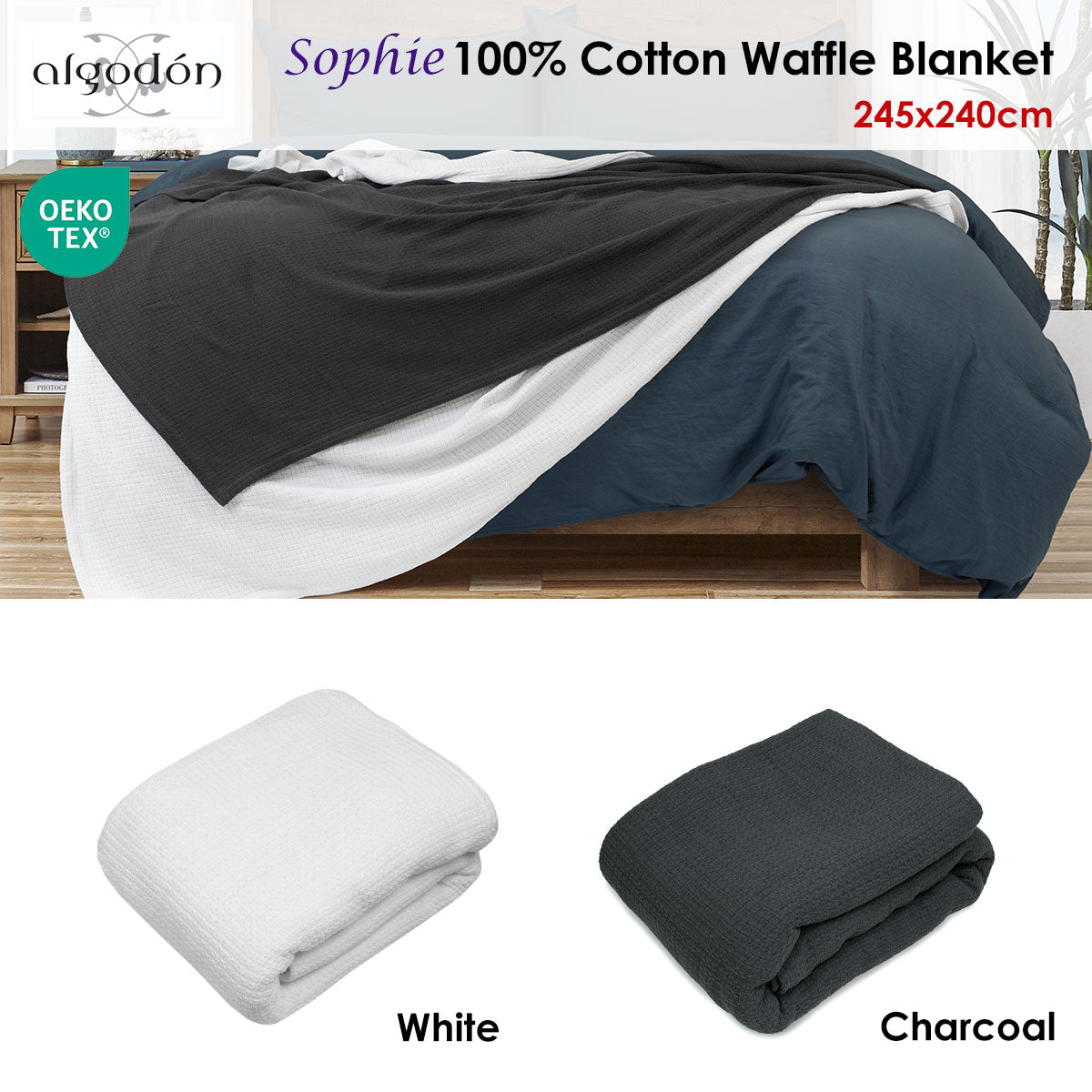 Algodon Sophie Cotton Waffle Blanket Queen 245x240cm Charcoal V442-INT-BLANKET-SOPHIEWAFFLE-CHARCOAL-QS