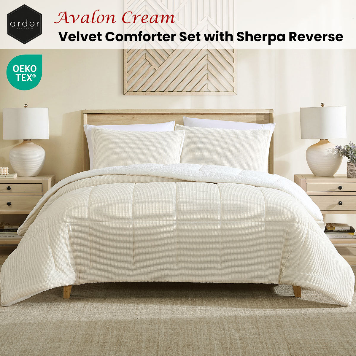 Ardor Avalon Cream 3 Pcs Velvet Comforter Set with Sherpa Reverse Queen/King V442-INT-COMFORTER-3PCSAVALON-CREAM-QS