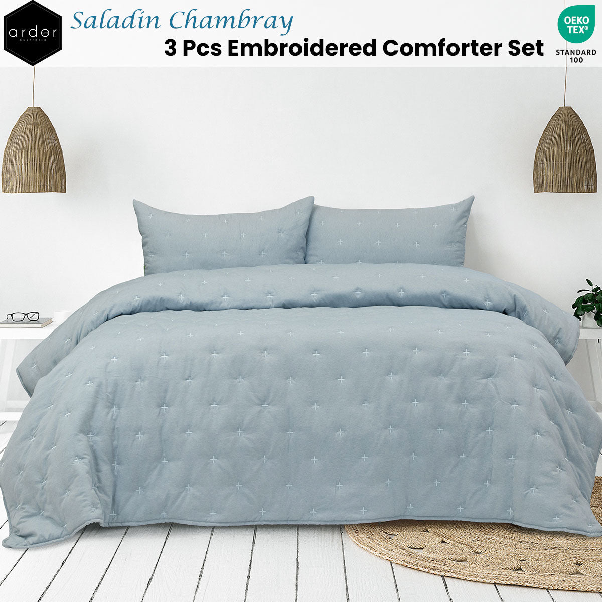 Ardor Saladin Chambray 3 Pcs Embroidered Comforter Set Queen/King V442-INT-COMFORTER-3PCSSALADIN-CHAMBRAY-QS