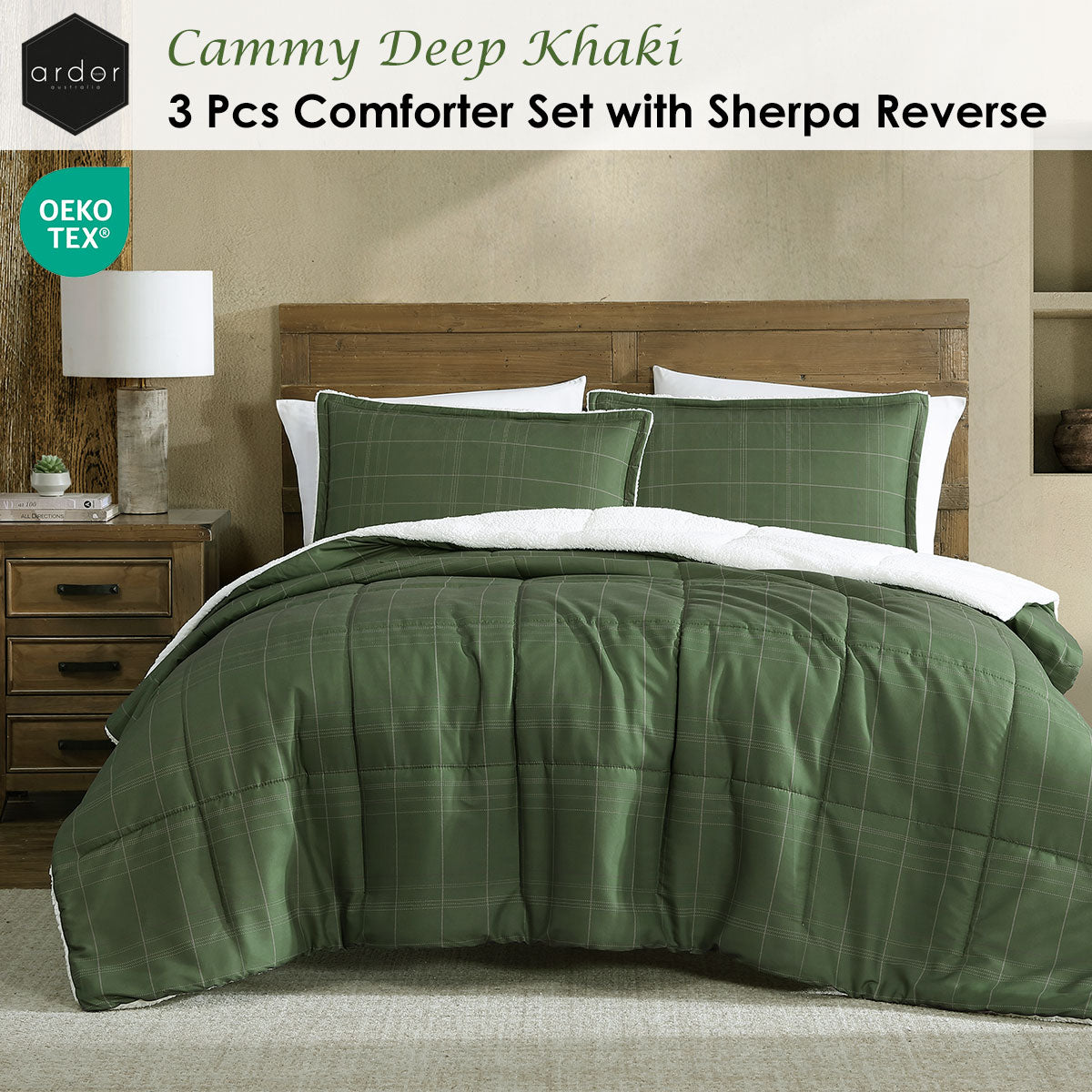 Ardor 3 Pcs Cammy Deep Khaki Comforter Set with Sherpa Reverse Queen/King V442-INT-COMFORTER-CAMMY-DEEPKHAKI-QS