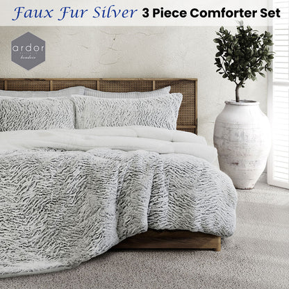 Ardor Faux Fur Silver 3 Piece Comforter Set Queen/King V442-INT-COMFORTER-FAUXFUR-SILVER-QS