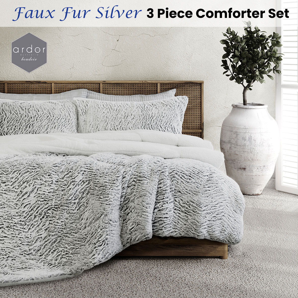 Ardor Faux Fur Silver 3 Piece Comforter Set Single/Double V442-INT-COMFORTER-FAUXFUR-SILVER-SB