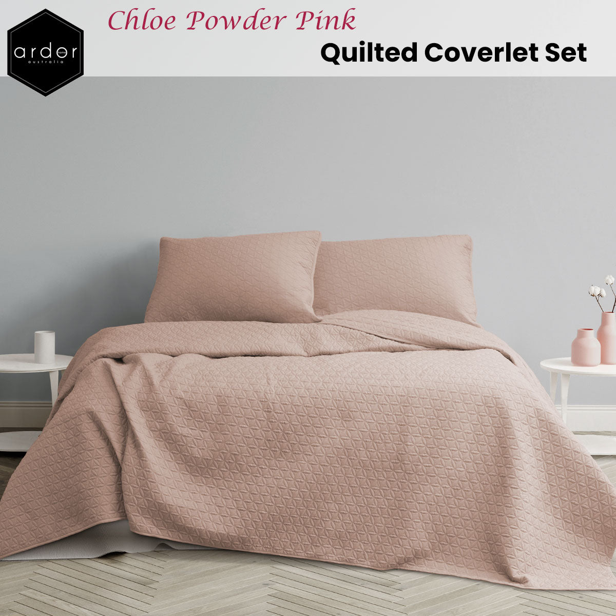 Ardor Chloe Powder Pink 3 Pcs Quilted Coverlet Set Queen/King V442-INT-COVERLETS-CHLOE-PINK-QS