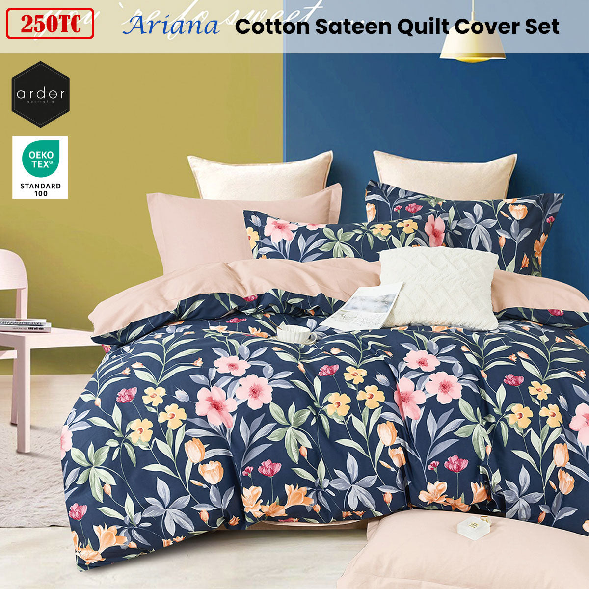 Ardor 250TC Ariana Floral Cotton Sateen Quilt Cover Set Queen V442-INT-QUILTCS-250TCARIANA-NAVY-QS