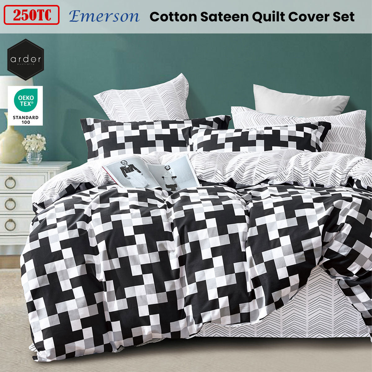 Ardor 250TC Emerson Geometric Cotton Sateen Quilt Cover Set King V442-INT-QUILTCS-250TCEMERSON-BLACK-KI