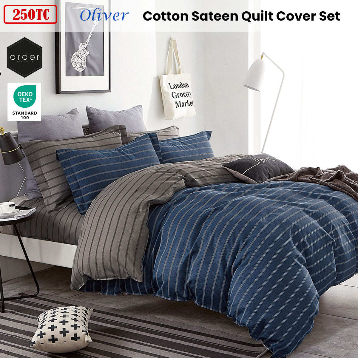 Ardor 250TC Oliver Stripes Cotton Sateen Quilt Cover Set King V442-INT-QUILTCS-250TCOLIVER-NAVY-KI
