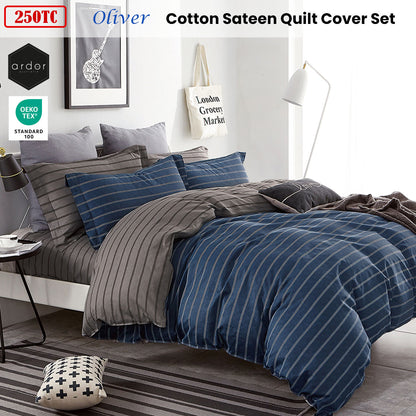 Ardor 250TC Oliver Stripes Cotton Sateen Quilt Cover Set King V442-INT-QUILTCS-250TCOLIVER-NAVY-KI