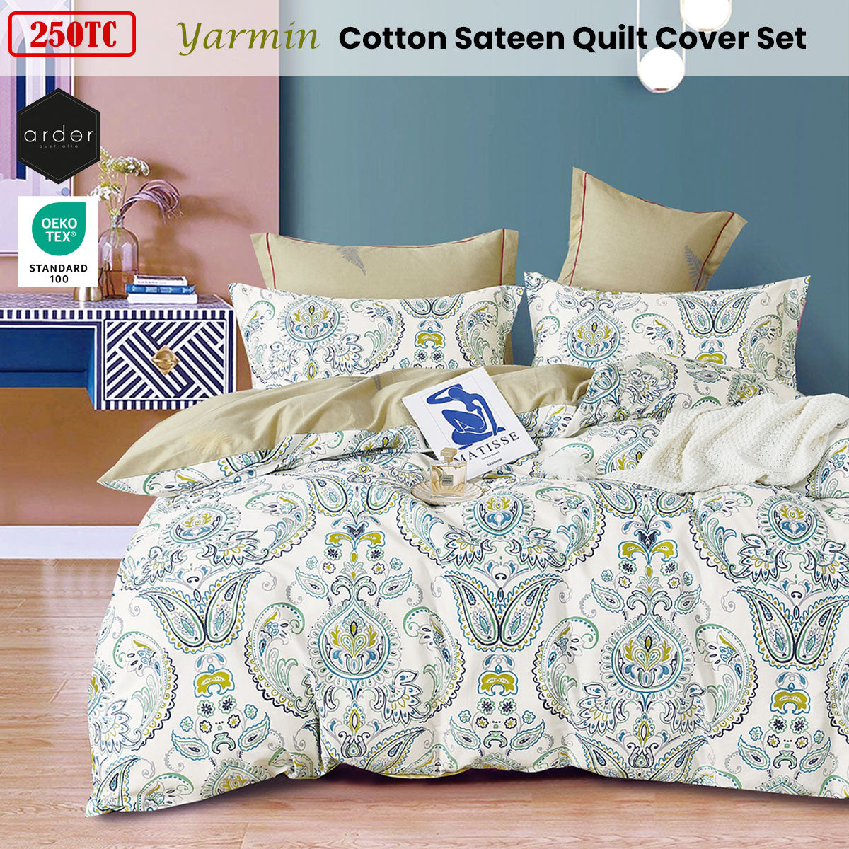 Ardor 250TC Yarmin Moroccan Cotton Sateen Quilt Cover Set King V442-INT-QUILTCS-250TCYARMIN-GREEN-KI