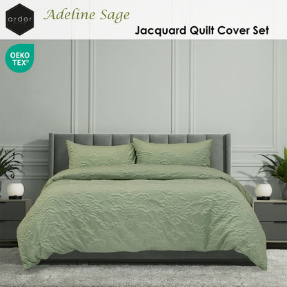Ardor Adeline Sage Jacquard Damask Quilt Cover Set King V442-INT-QUILTCS-ADELINE-SAGE-KI
