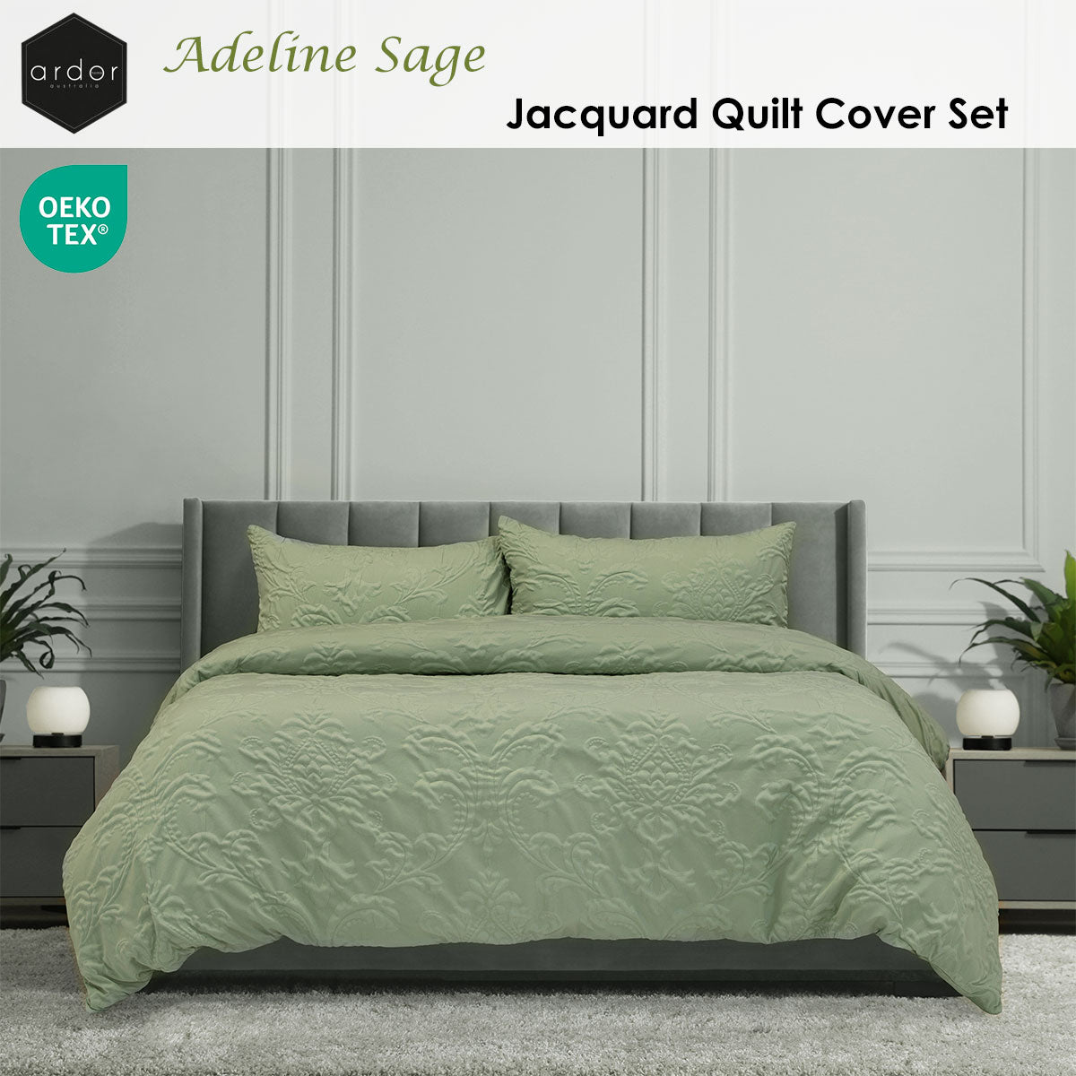 Ardor Adeline Sage Jacquard Damask Quilt Cover Set Queen V442-INT-QUILTCS-ADELINE-SAGE-QS