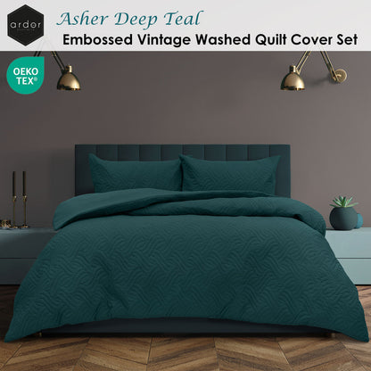 Ardor Asher Deep Teal Embossed Vintage Washed Quilt Cover Set King V442-INT-QUILTCS-ASHER-DEEPTEAL-KI