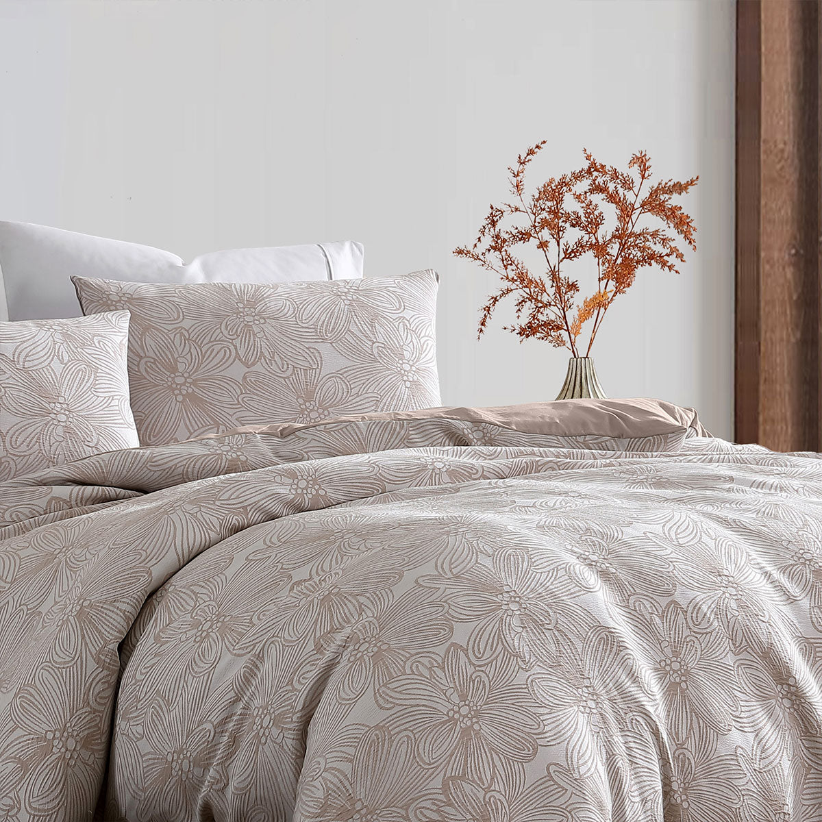 Ardor Avena Almond Textured Floral Jacquard Quilt Cover Set King V442-INT-QUILTCS-AVENAJACQUARD-ALMOND-KI