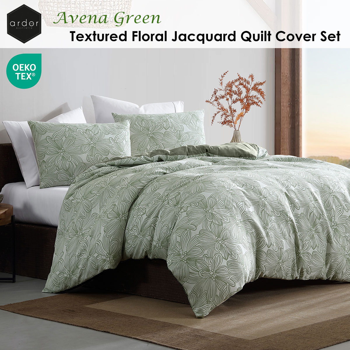 Ardor Avena Green Textured Floral Jacquard Quilt Cover Set King V442-INT-QUILTCS-AVENAJACQUARD-GREEN-KI
