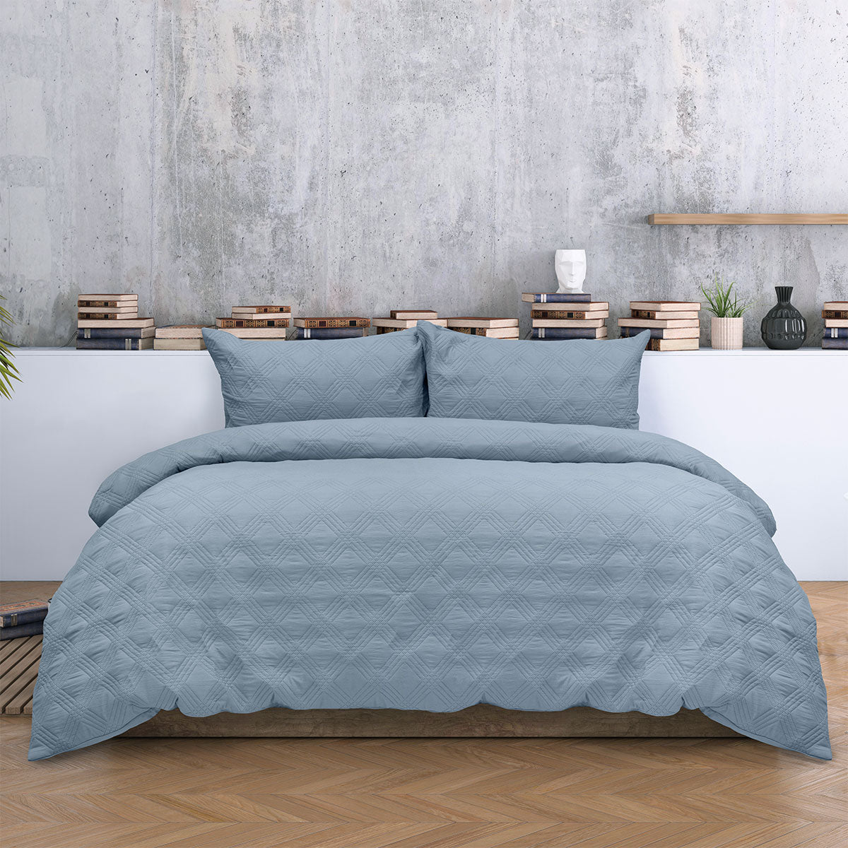 Ardor Carter Mineral Blue Embossed Vintage Washed Geometric Quilt Cover Set King V442-INT-QUILTCS-CARTER-MINERALBLUE-KI