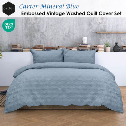 Ardor Carter Mineral Blue Embossed Vintage Washed Geometric Quilt Cover Set King V442-INT-QUILTCS-CARTER-MINERALBLUE-KI