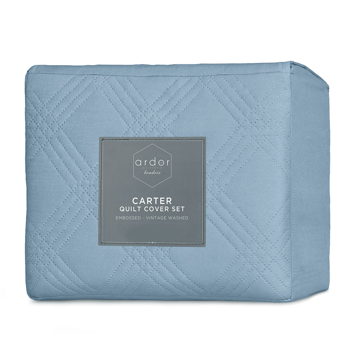 Ardor Carter Mineral Blue Embossed Vintage Washed Geometric Quilt Cover Set King V442-INT-QUILTCS-CARTER-MINERALBLUE-KI