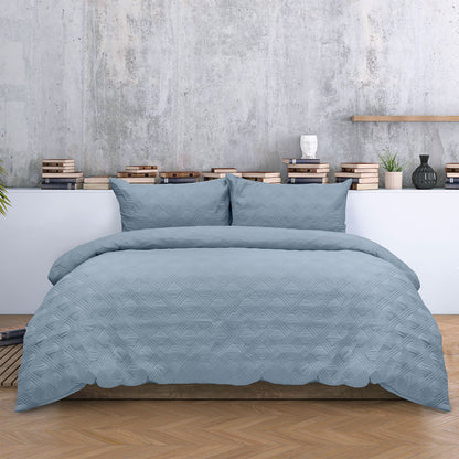Ardor Carter Mineral Blue Embossed Vintage Washed Geometric Quilt Cover Set Queen V442-INT-QUILTCS-CARTER-MINERALBLUE-QS