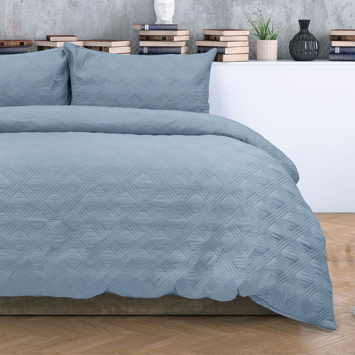Ardor Carter Mineral Blue Embossed Vintage Washed Geometric Quilt Cover Set Queen V442-INT-QUILTCS-CARTER-MINERALBLUE-QS