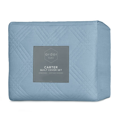 Ardor Carter Mineral Blue Embossed Vintage Washed Geometric Quilt Cover Set Queen V442-INT-QUILTCS-CARTER-MINERALBLUE-QS