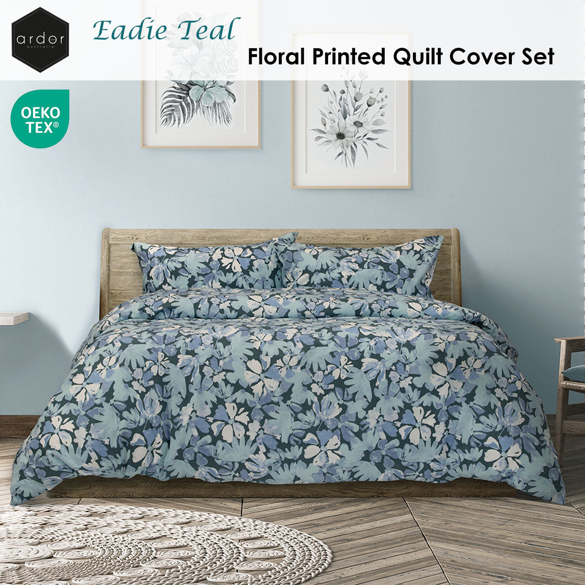 Ardor Eadie Teal Floral Printed Quilt Cover Set King V442-INT-QUILTCS-EADIE-TEAL-KI
