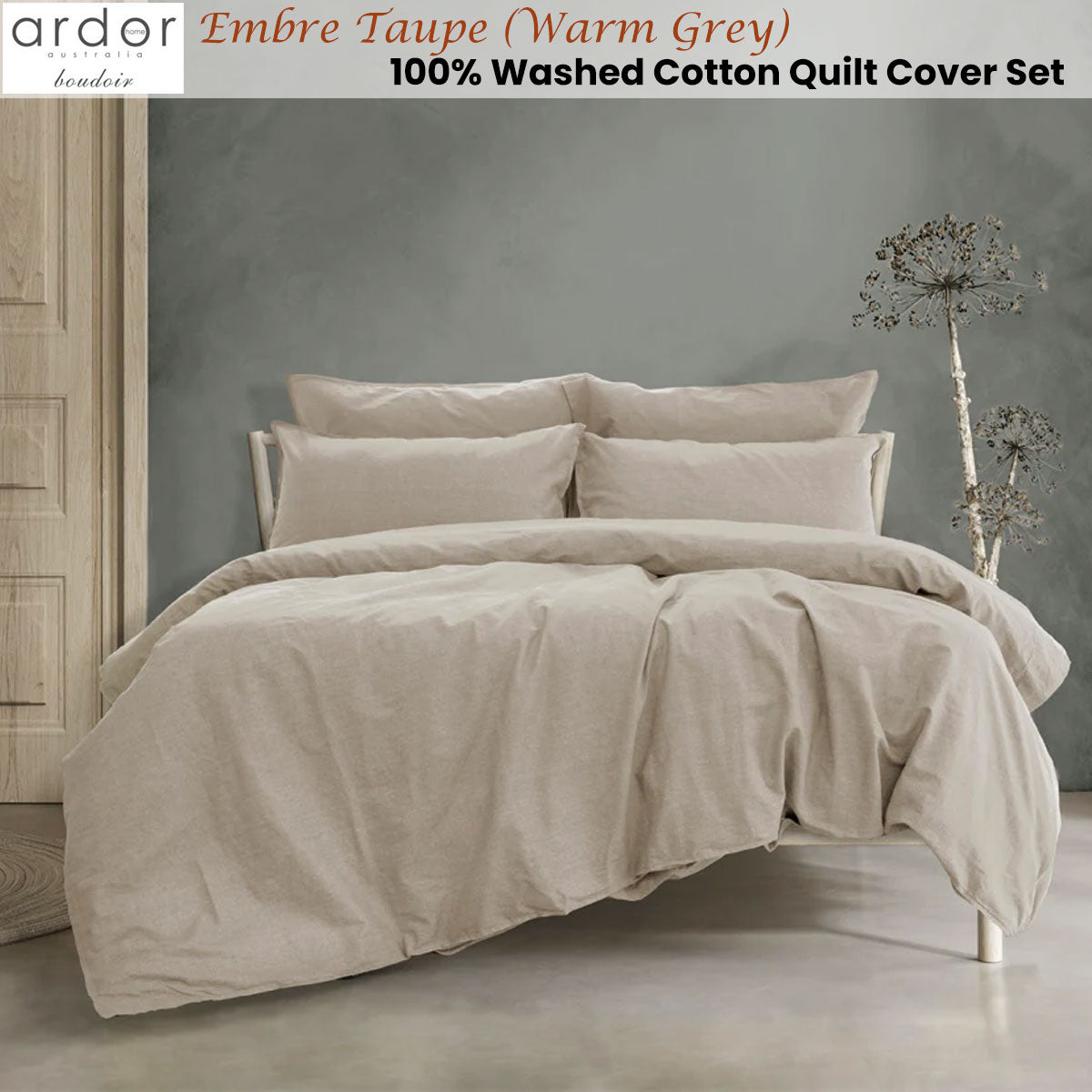 Ardor Embre Taupe (Also known as Warm Grey) 100% Washed Cotton Quilt Cover Set Queen V442-INT-QUILTCS-EMBRE-WARMGREY-QS