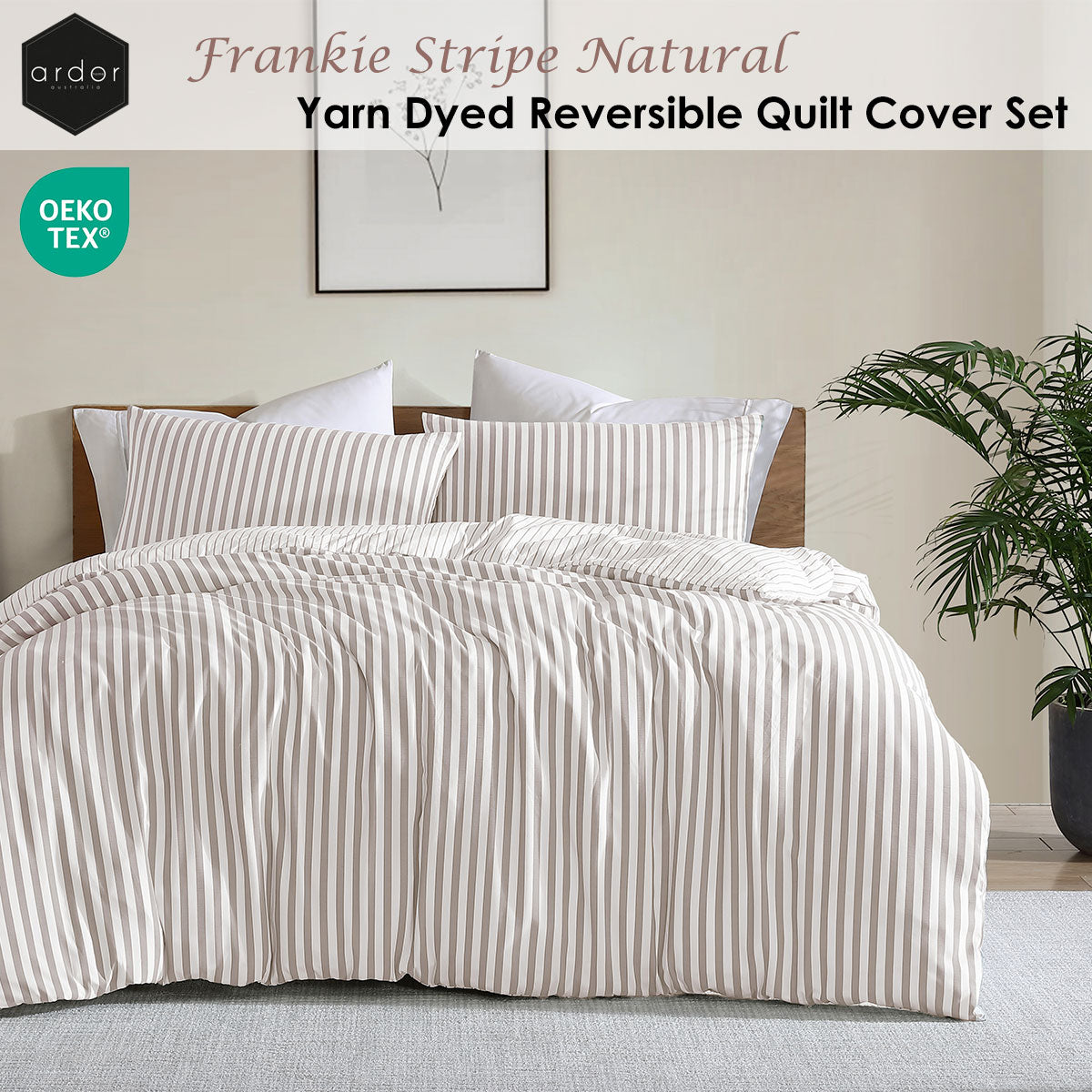 Ardor Frankie Natural Stripe Yarn Dyed Reversible Quilt Cover Set King V442-INT-QUILTCS-FRANKIESTRIPE-NATURAL-KI