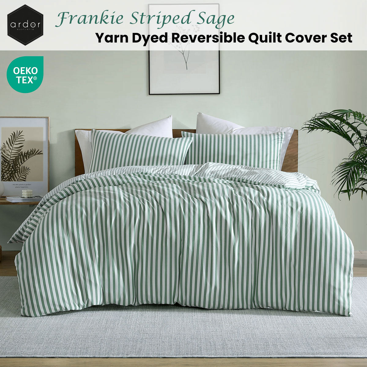 Ardor Frankie Sage Stripe Yarn Dyed Reversible Quilt Cover Set King V442-INT-QUILTCS-FRANKIESTRIPE-SAGE-KI