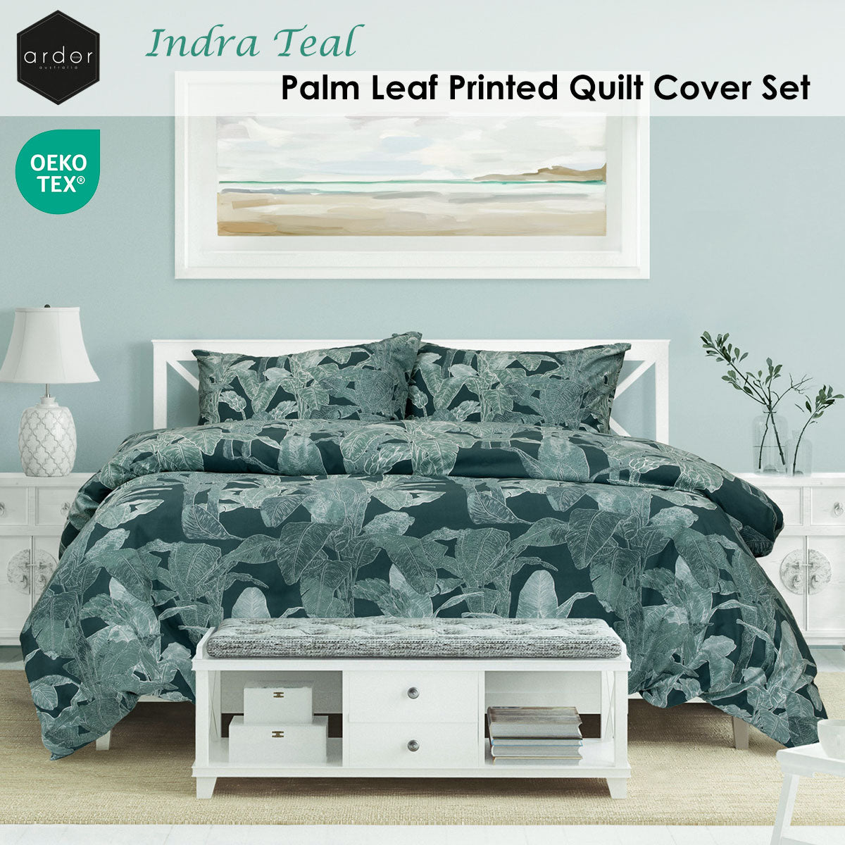 Ardor Indra Teal Palm Leaf Printed Quilt Cover Set King V442-INT-QUILTCS-INDRAPRINTED-TEAL-KI