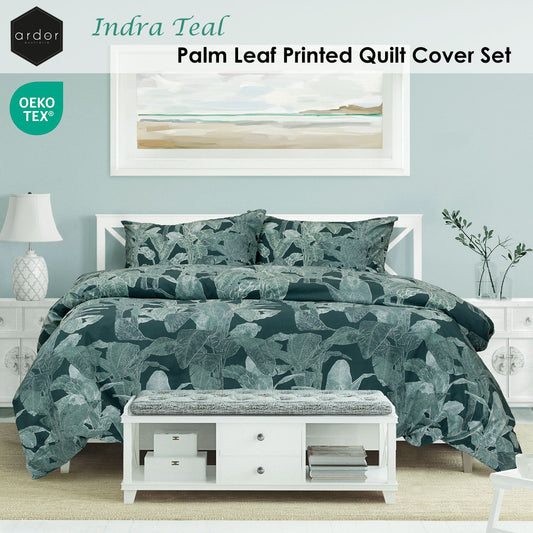 Ardor Indra Teal Palm Leaf Printed Quilt Cover Set Queen V442-INT-QUILTCS-INDRAPRINTED-TEAL-QS