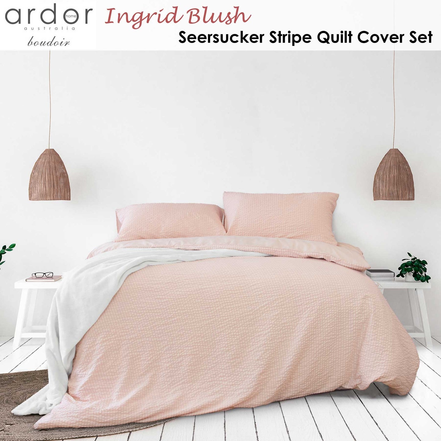 Ardor Ingrid Blush Seersucker Stripe Quilt Cover Set King V442-INT-QUILTCS-INGRID-BLUSH-KI