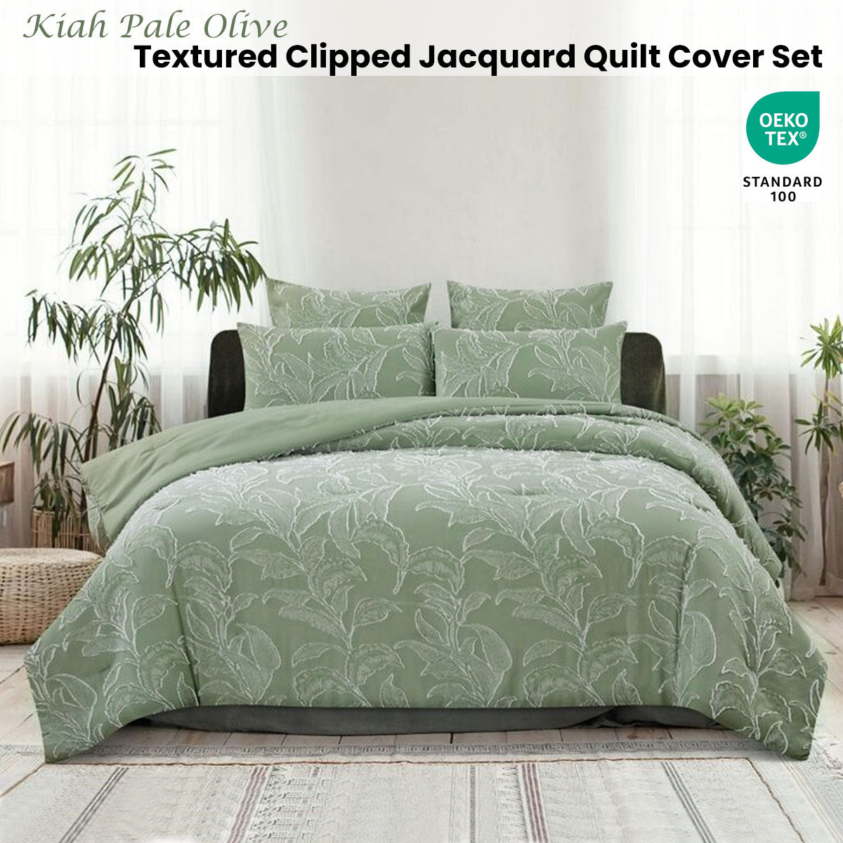 Ardor Kiah Pale Olive Textured Clipped Jacquard Quilt Cover Set Queen V442-INT-QUILTCS-KIAH-PALEOLIVE-QS