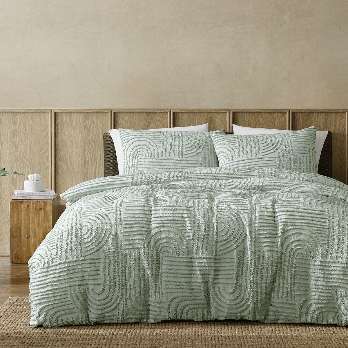 Ardor Kiewa Dusty Sage Textured Jacquard Aztec Quilt Cover Set King V442-INT-QUILTCS-KIEWA-DUSTYSAGE-KI