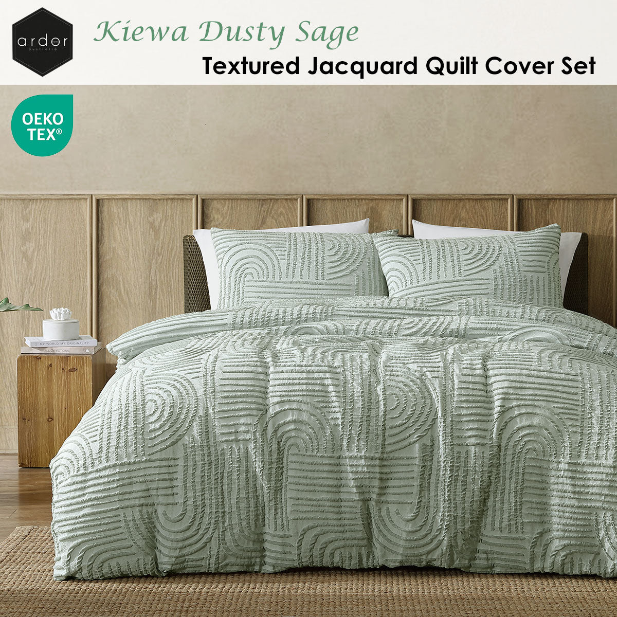 Ardor Kiewa Dusty Sage Textured Jacquard Aztec Quilt Cover Set Queen V442-INT-QUILTCS-KIEWA-DUSTYSAGE-QS