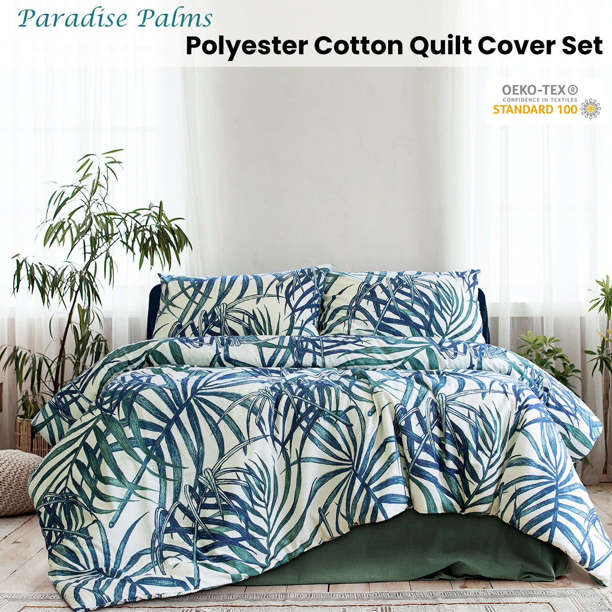 Ardor Palms Blue Polyester Cotton Quilt Cover Set Queen V442-INT-QUILTCS-PARADISEPALMS-BLUE-QS