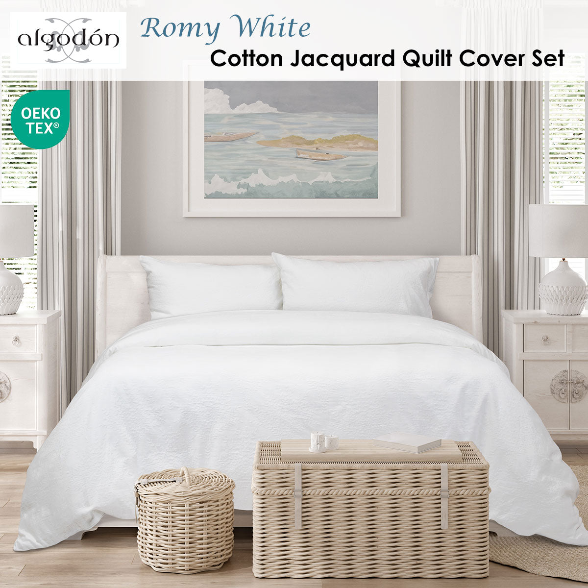 Algodon Romy White Cotton Jacquard Quilt Cover Set King V442-INT-QUILTCS-ROMYJACQUARD-WHITE-KI