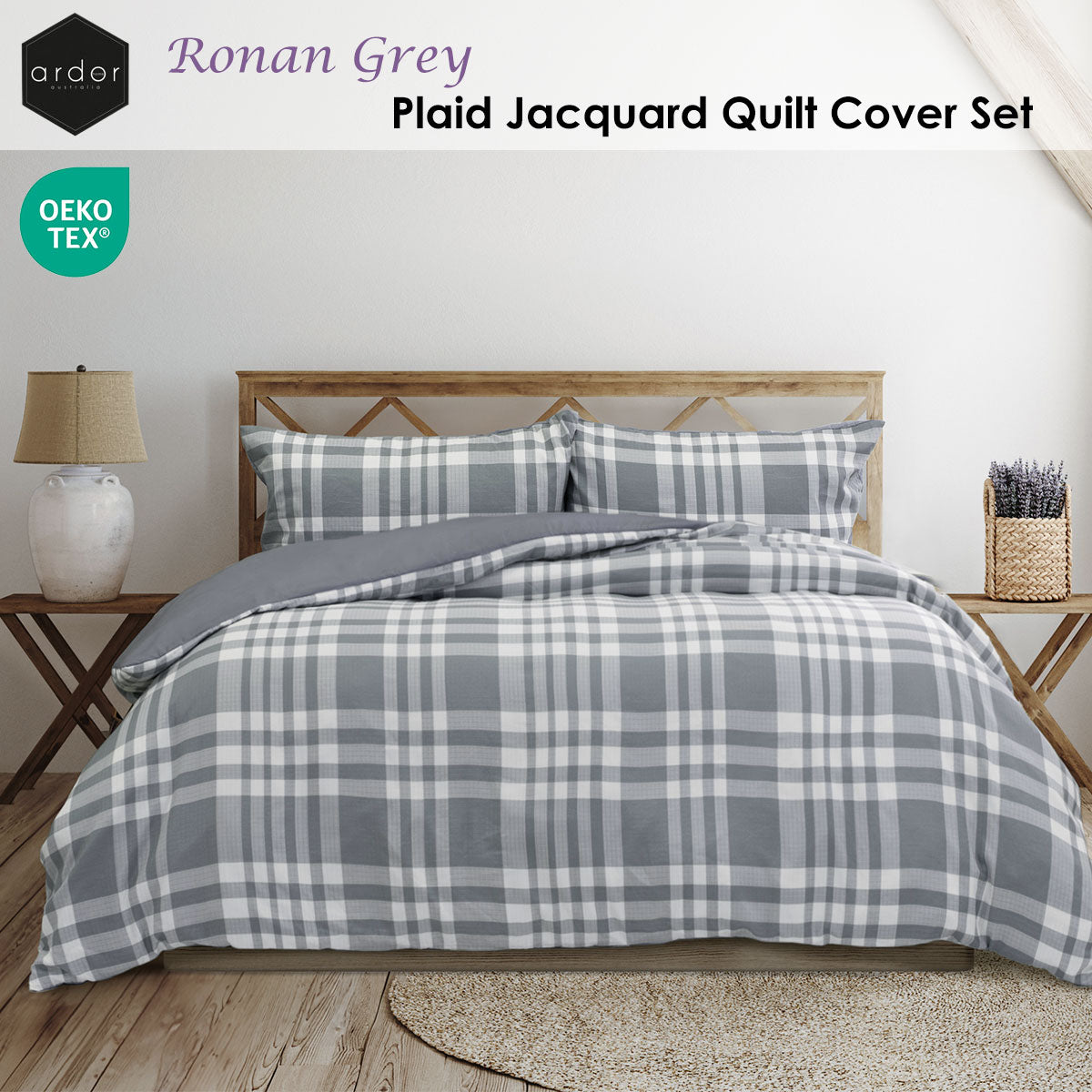 Ardor Ronan Grey Plaid Jacquard Quilt Cover Set Queen V442-INT-QUILTCS-RONAN-GREY-QS