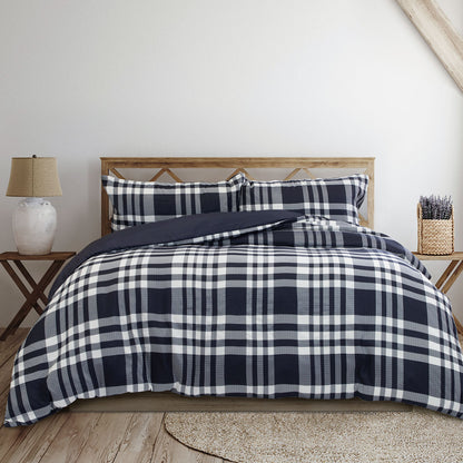 Ardor Ronan Navy Plaid Jacquard Quilt Cover Set Queen V442-INT-QUILTCS-RONAN-NAVY-QS