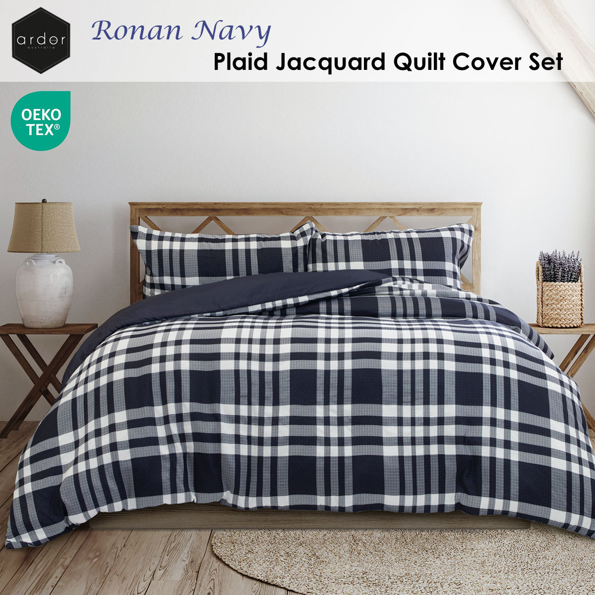 Ardor Ronan Navy Plaid Jacquard Quilt Cover Set Queen V442-INT-QUILTCS-RONAN-NAVY-QS