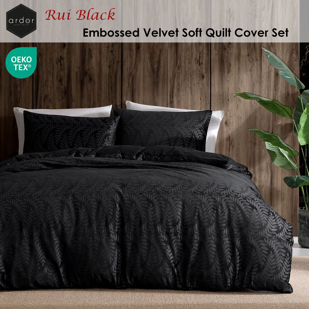 Ardor Rui Black Embossed Velvet Soft Quilt Cover Set Queen V442-INT-QUILTCS-RUIVELVET-BLACK-QS