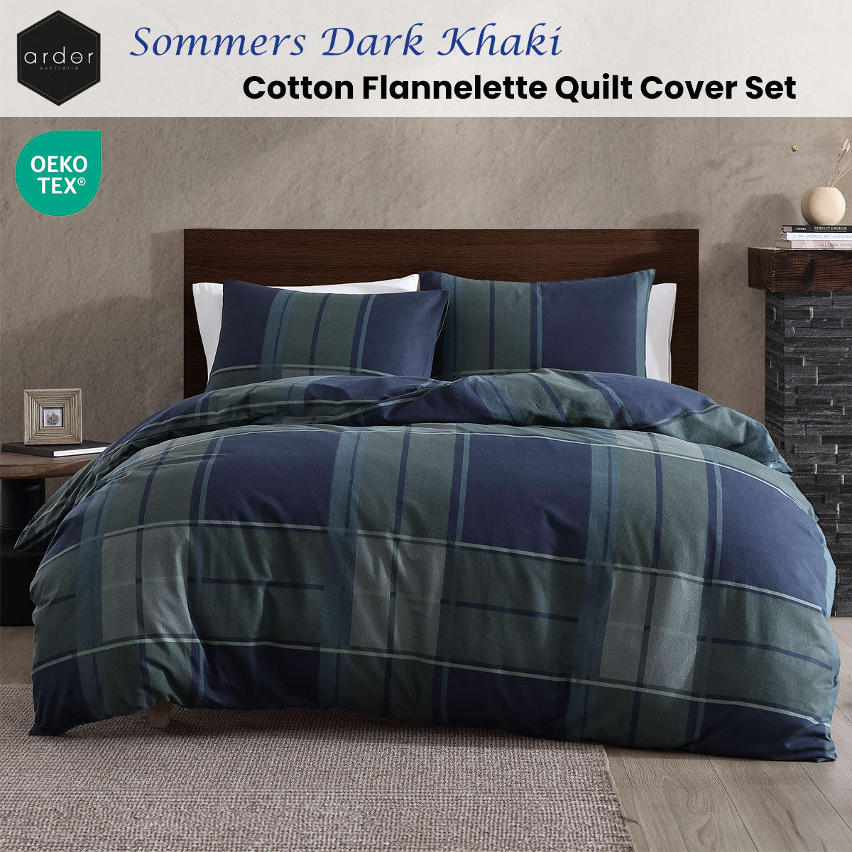 Ardor Sommers Dark Khaki Cotton Flannelette Quilt Cover Set Queen V442-INT-QUILTCS-SOMMERS-DARKKHAKI-QS