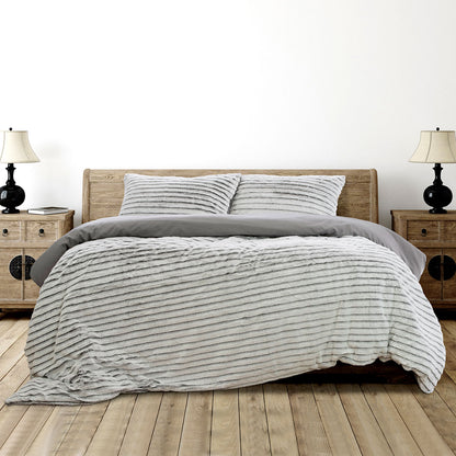 Ardor Striped Faux Fur Grey Super Soft Quilt Cover Set King V442-INT-QUILTCS-STRIPEDFAUXFUR-GREY-KI