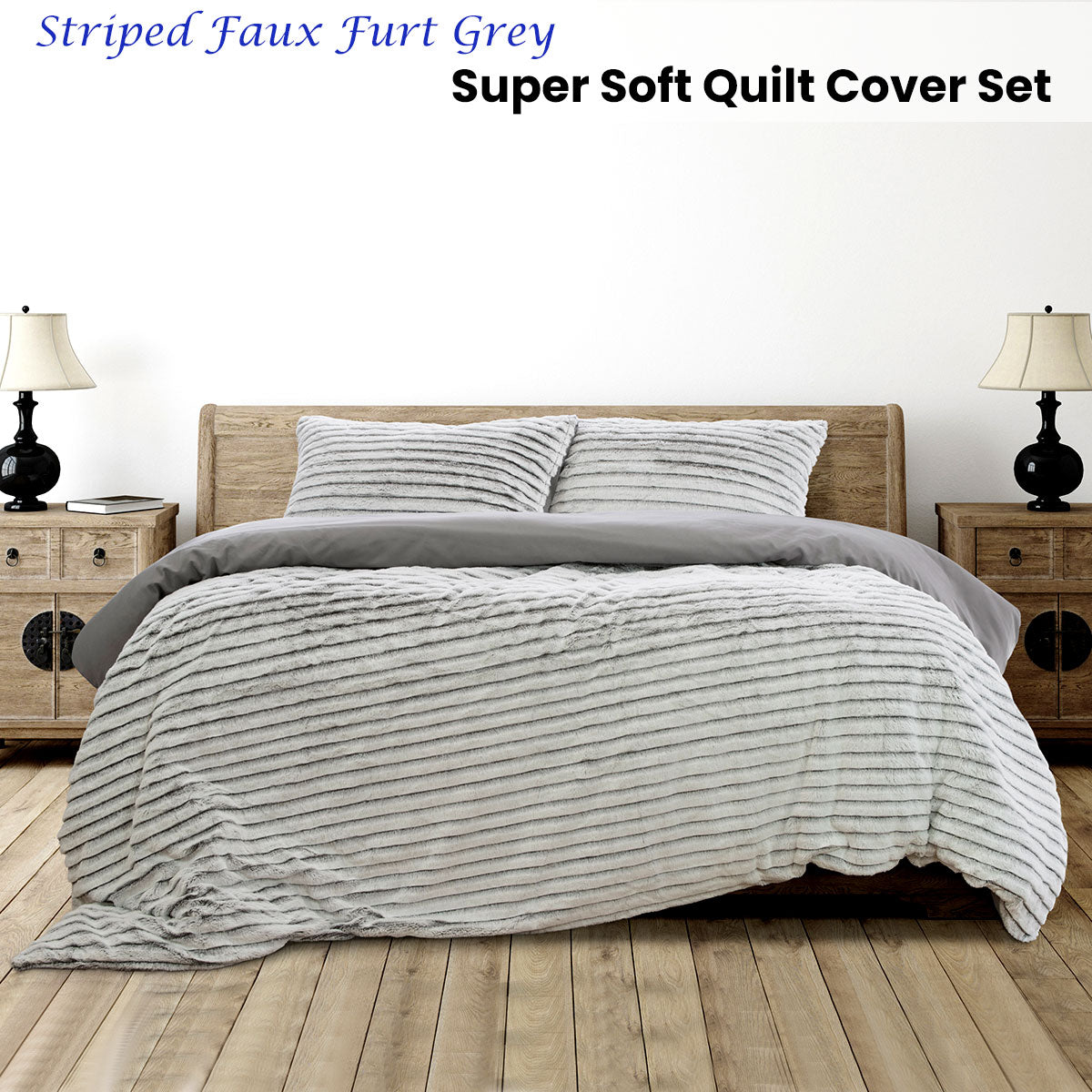 Ardor Striped Faux Fur Grey Super Soft Quilt Cover Set King V442-INT-QUILTCS-STRIPEDFAUXFUR-GREY-KI